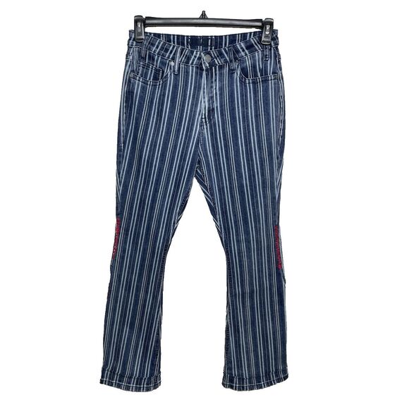 Rock & Roll Jeans 30 x 29 Blue Striped Denim Flared High Rise Red Embroidery - Picture 1 of 13